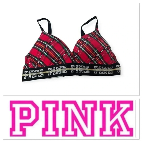 Pink Victoria’s Secret red plaid wear anywhere lightly lined bra size 34A - Picture 1 of 12